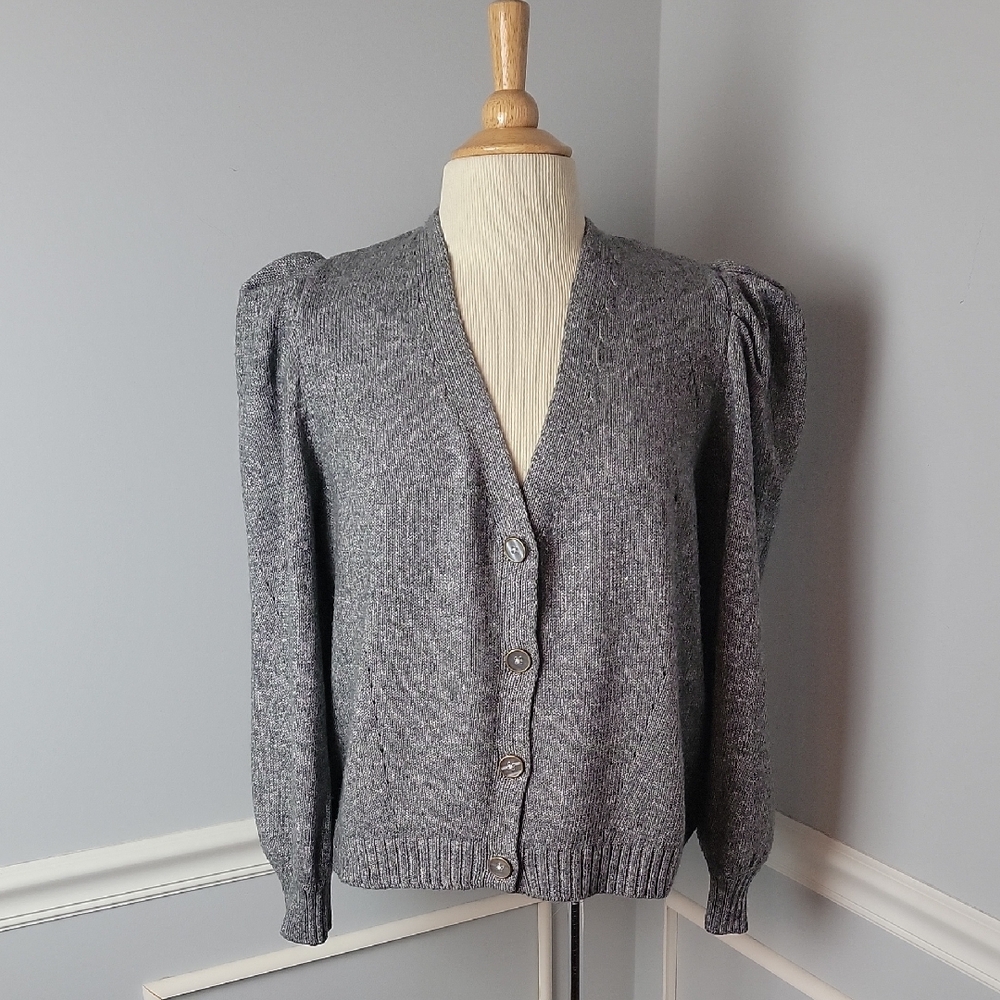 CANDACE CAMERON BURE Gray‎ Blue V-Neck Pointelle Puff Sleeve Cardigan Sweater L